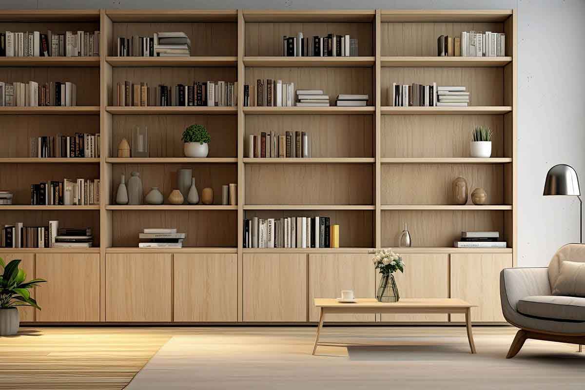Interior scene with a grey chair and steel light, coffee table with cup and vase, a large flower pot with plant, and a full-wall shelf with books and vases.
