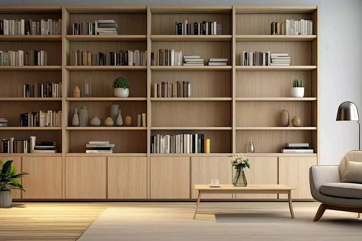 Interior scene with a grey chair and steel light, coffee table with cup and vase, a large flower pot with plant, and a full-wall shelf with books and vases.