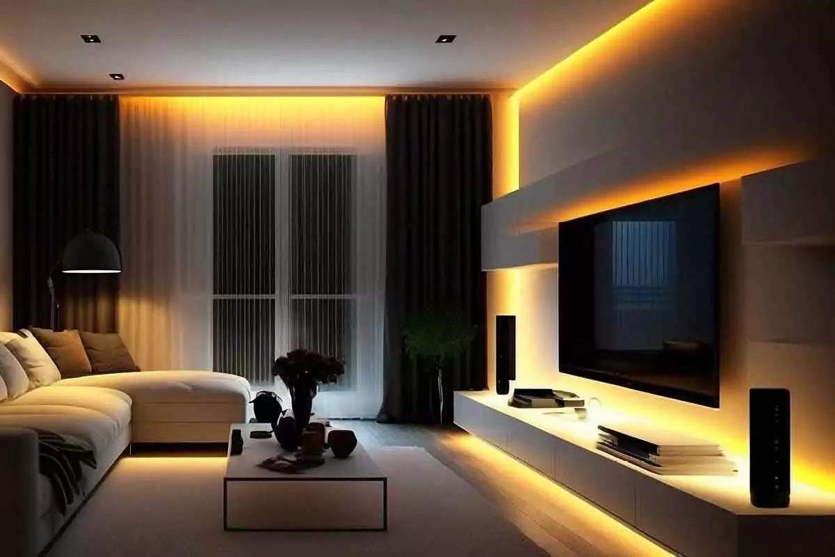 Room with orange perimeter lighting, a wall-mounted TV with white shelves, a white sofa, and a coffee table with a flower vase.
