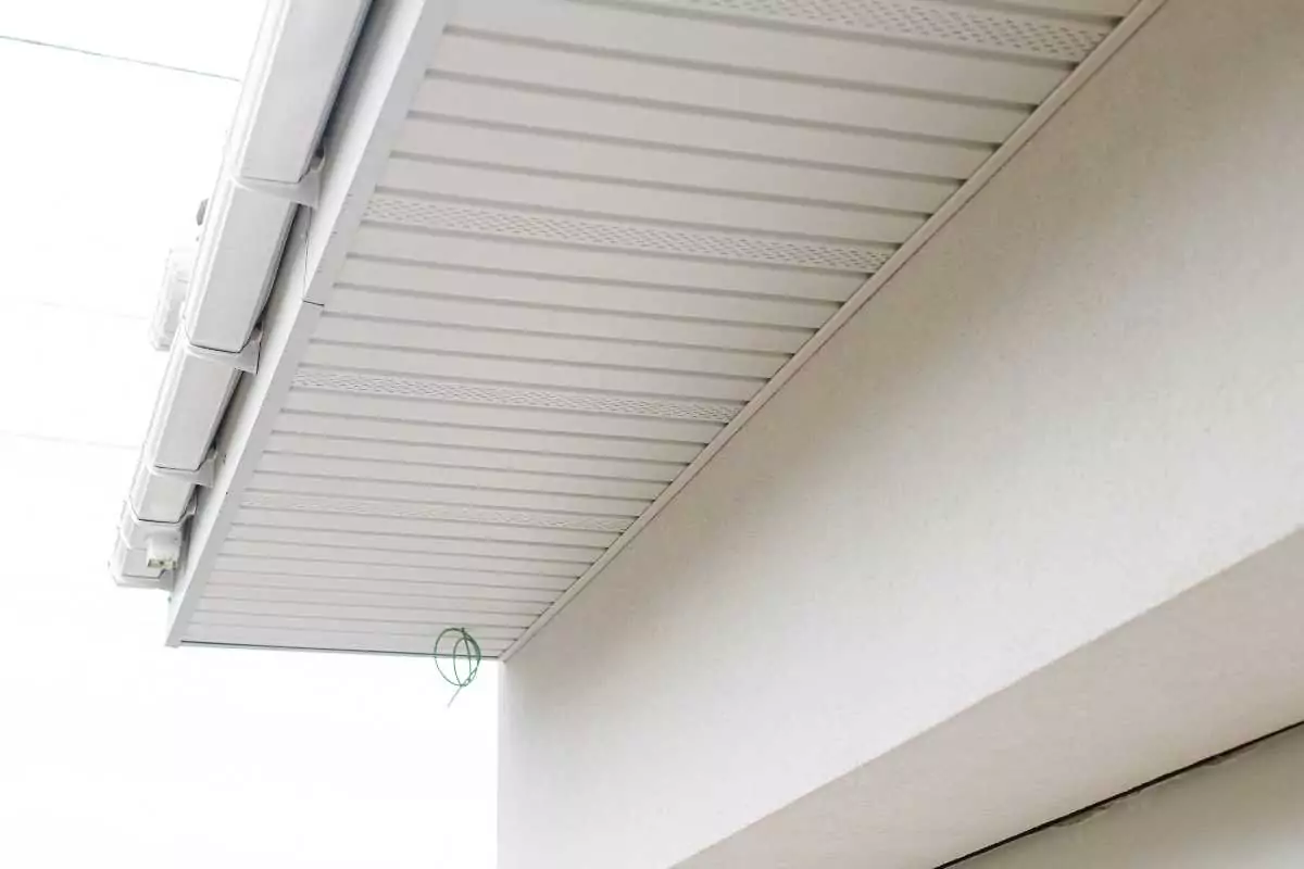 White building with the underpart of the roof visible, featuring white fascia boards.