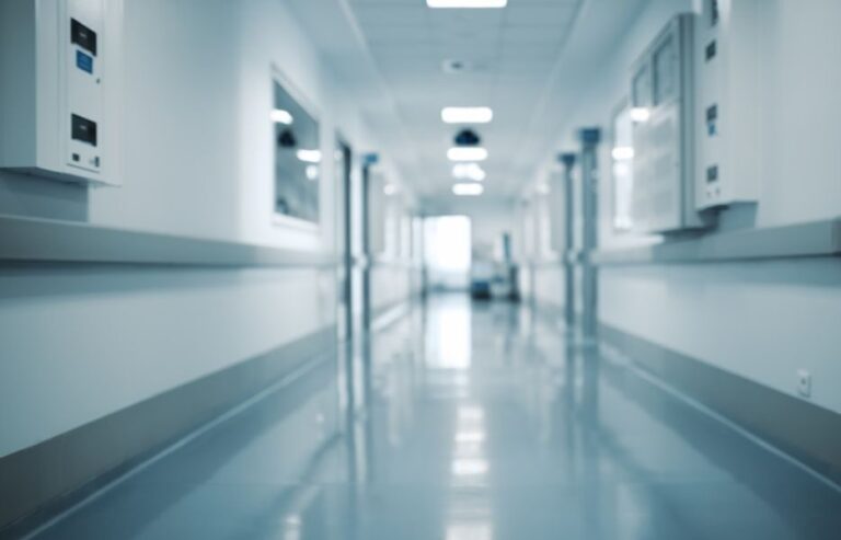Commercial building corridor fitted with compliant fire doors and safety features